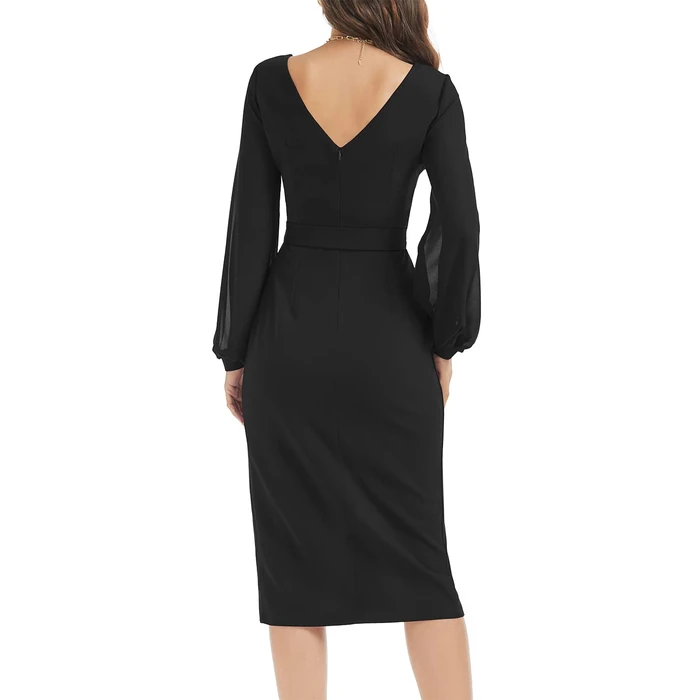 Cocktail Party Dresses for Women Elegant V-Back Chiffon Long Sleeve Split Belted Ruched Casual Work Business Split Sheath Wedding Guest Dress 876 Black M by HELYO - Image 2