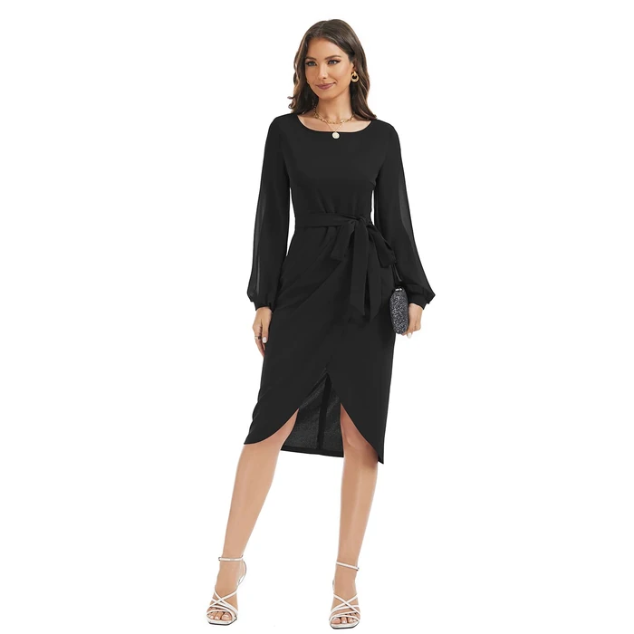 Cocktail Party Dresses for Women Elegant V-Back Chiffon Long Sleeve Split Belted Ruched Casual Work Business Split Sheath Wedding Guest Dress 876 Black M by HELYO - Image 4