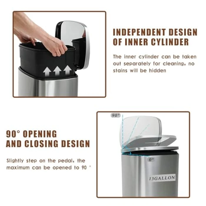 BestOffice 13 Gallon (50L) Trash Can with Lid Garbage Can Commercial Trash Can with Soft-Close Foot Pedal Fingerprint Proof Stainless Steel for Kitchen Home Office Bedroom Bathroom by BestOffice - Image 5