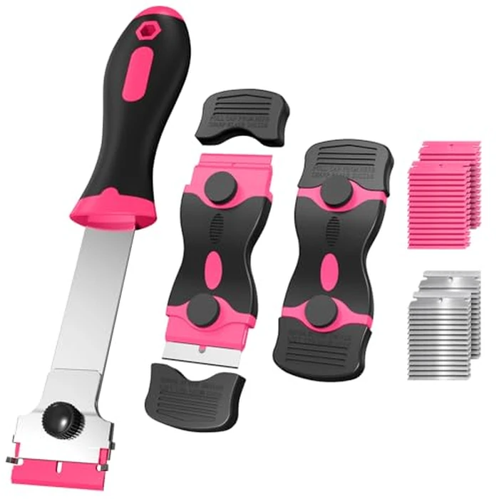Ywmoml 3 Pack Razor Blade Scraper Set, Includes 30 Plastic & 30 Metal Blades, Multi-Purpose Tool for Glass, Cooktop, Sticker Removal, Paint & Gum Cleaning (Pink) by Ywmoml - Used - Very Good condition