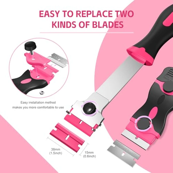 Ywmoml 3 Pack Razor Blade Scraper Set, Includes 30 Plastic & 30 Metal Blades, Multi-Purpose Tool for Glass, Cooktop, Sticker Removal, Paint & Gum Cleaning (Pink) by Ywmoml - Image 5