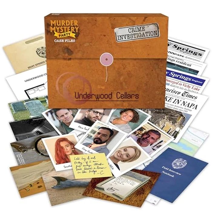 Murder Mystery Party Case Files: Underwood Cellars Unsolved Mystery Detective Case File Game Play Alone, w/Friends, Family or for Couples Date Night Ages 14+ from University Games, Brown by Murder Mystery Party - Used - Good condition