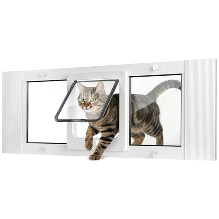 Slevoo Cat Door for Window, Energy-Saving High-Seal Window Pet Door with 4 Lock Modes, Tool-Free Install, Heavy-Duty Aluminum Frame, Multi-Pet Compatible (24''-28'') by Slevoo - Image 1