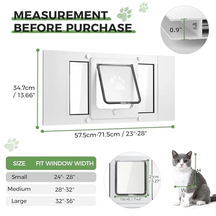 Slevoo Cat Door for Window, Energy-Saving High-Seal Window Pet Door with 4 Lock Modes, Tool-Free Install, Heavy-Duty Aluminum Frame, Multi-Pet Compatible (24''-28'') by Slevoo - Image 3