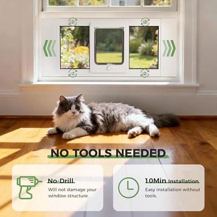 Slevoo Cat Door for Window, Energy-Saving High-Seal Window Pet Door with 4 Lock Modes, Tool-Free Install, Heavy-Duty Aluminum Frame, Multi-Pet Compatible (24''-28'') by Slevoo - Image 4