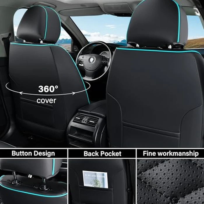 Coverado Leather Seat Covers, Car Seat Covers Full Set, Nappa Leather Seat Covers for Cars, Car Seat Protector Waterproof, Black Car Seat Cover, Universal Seat Cover Fit for Most Cars(Black&Blue) by Coverado - Image 3