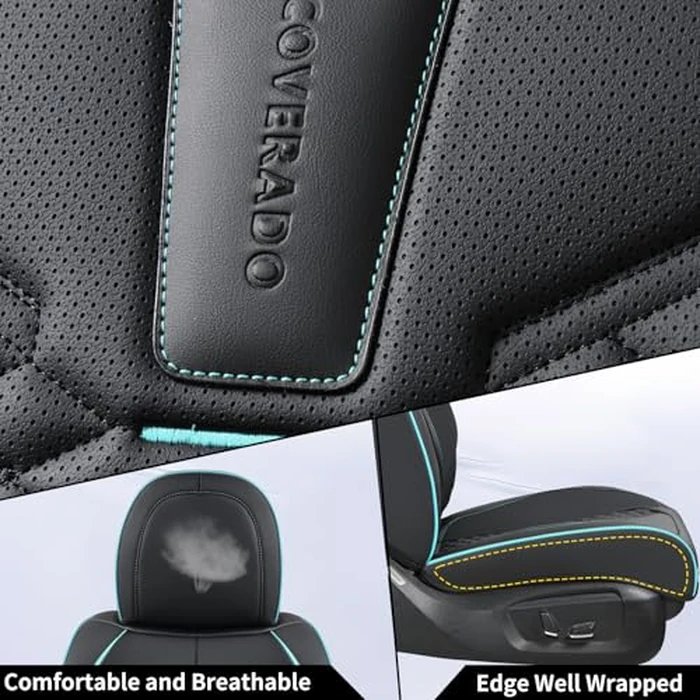 Coverado Leather Seat Covers, Car Seat Covers Full Set, Nappa Leather Seat Covers for Cars, Car Seat Protector Waterproof, Black Car Seat Cover, Universal Seat Cover Fit for Most Cars(Black&Blue) by Coverado - Image 5