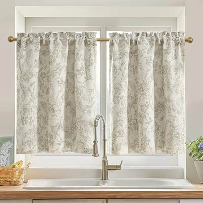 Lazzzy Green Floral Cafe Curtains 24 Inch Length Blackout Linen Farmhouse Kitchen Curtains Lined Small Rustic Country Room Darkening Curtains Rod Pocket Tier Curtains Set 2 Panels Sage Green on Beige by Lazzzy - Used - Good condition - CA$30.59