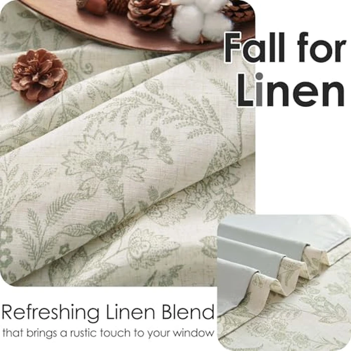Lazzzy Green Floral Cafe Curtains 24 Inch Length Blackout Linen Farmhouse Kitchen Curtains Lined Small Rustic Country Room Darkening Curtains Rod Pocket Tier Curtains Set 2 Panels Sage Green on Beige by Lazzzy - Image 2