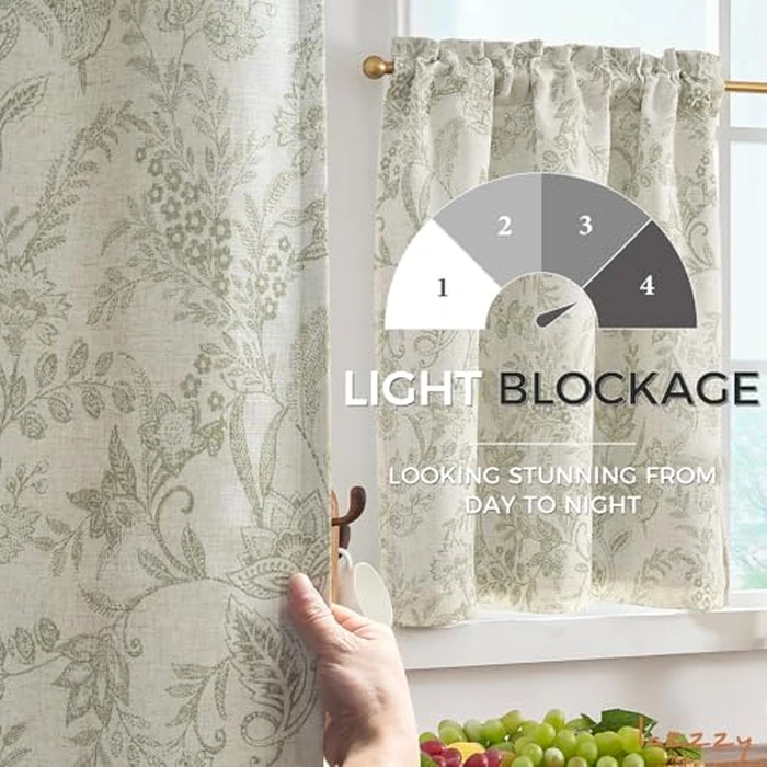 Lazzzy Green Floral Cafe Curtains 24 Inch Length Blackout Linen Farmhouse Kitchen Curtains Lined Small Rustic Country Room Darkening Curtains Rod Pocket Tier Curtains Set 2 Panels Sage Green on Beige by Lazzzy - Image 3