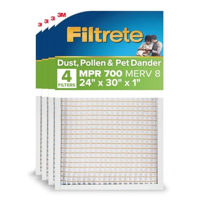 Filtrete 24x30x1 AC Furnace Air Filter, MPR 700, MERV 8, Tough on Pollen, Easy on Airflow, 3-Month Pleated 1-Inch Electrostatic Air Cleaning Filter, 4-Pack (Actual Size 23.81 x 29.81 x 0.81 in) by Filtrete - Used - Very Good condition - US$24.58