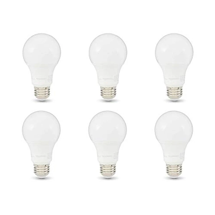Amazon Basics A19 LED Light Bulbs, 75 Watt Equivalent, Energy Efficient 12W, E26 Standard Base, Soft White 2700K, Dimmable, 10,000 Hour Lifetime , 6-Pack by Amazon Basics - Used - Very Good condition - US$6.92