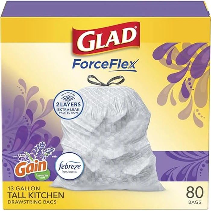 Glad ForceFlex Tall Kitchen Trash Bags, 13 Gallon, Gain Lavender, 80 Count (Package May Vary) by Glad - Image 1