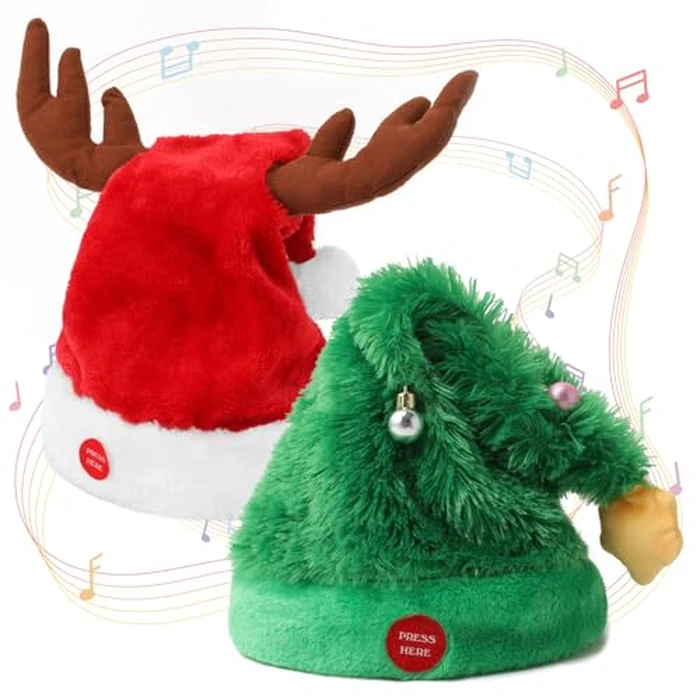 Gfilay Music Swinging Electric Christmas Hat 2-Pack - Dancing Tree Hat & Reindeer Antlers Hats with Singing and Dancing Interactive Features, Plush Santa Hats for Adults & Kids by Gfilay - Used - Like New condition - US$22.08