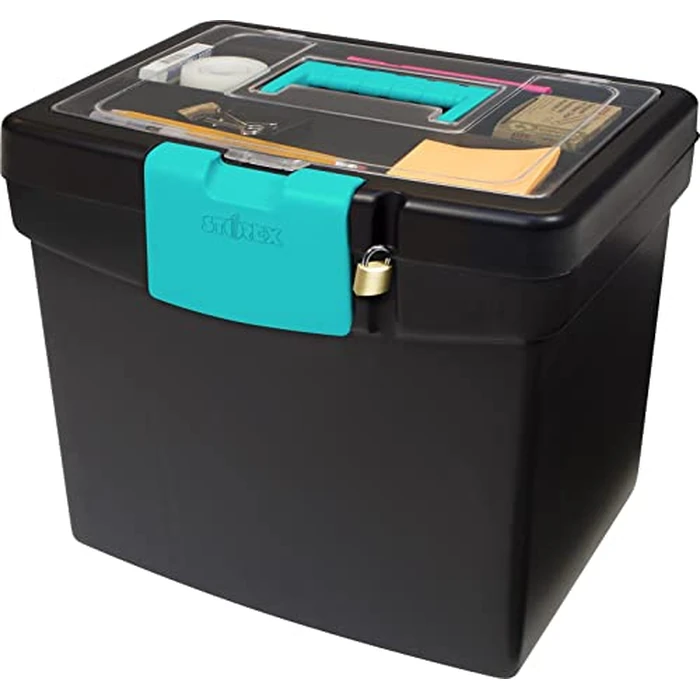 Storex Portable File Box with Organizer Lid - Plastic Office File Storage Box for Letter Paper and Hanging Folders, Black/Teal, 1-Count (61414B03C) by Storex - Used - Good condition