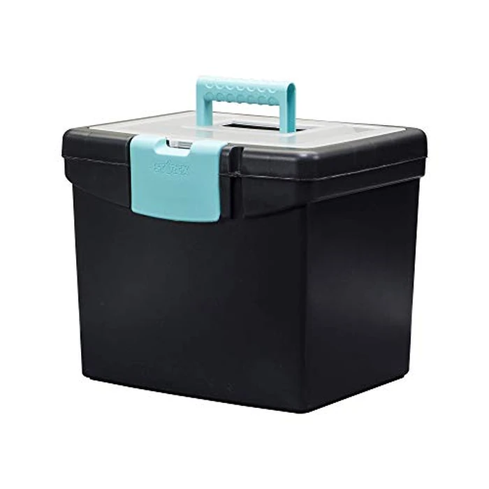 Storex Portable File Box with Organizer Lid - Plastic Office File Storage Box for Letter Paper and Hanging Folders, Black/Teal, 1-Count (61414B03C) by Storex - Image 2