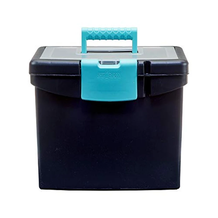 Storex Portable File Box with Organizer Lid - Plastic Office File Storage Box for Letter Paper and Hanging Folders, Black/Teal, 1-Count (61414B03C) by Storex - Image 3