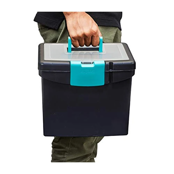 Storex Portable File Box with Organizer Lid - Plastic Office File Storage Box for Letter Paper and Hanging Folders, Black/Teal, 1-Count (61414B03C) by Storex - Image 4