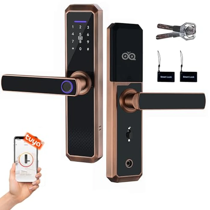 Smart Lock,Keyless Entry Door Lock with Two-Way Handle, Fingerprint Door Lock, WiFi Electronic Digital Door Lock with Keypad, Free APP, Auto Lock, Password, IC Card for Home Office Apartment (Copper) by OVQ - Used - Very Good condition - CA$41.06