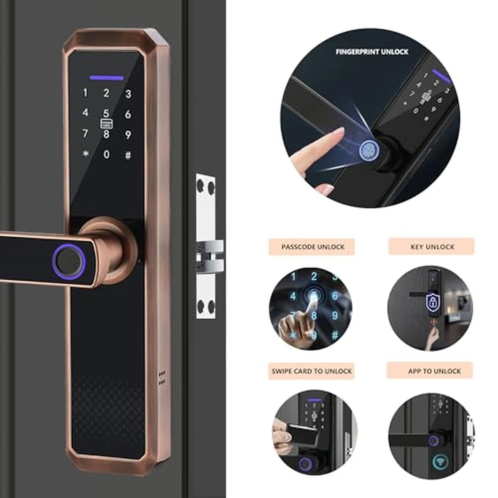 Smart Lock,Keyless Entry Door Lock with Two-Way Handle, Fingerprint Door Lock, WiFi Electronic Digital Door Lock with Keypad, Free APP, Auto Lock, Password, IC Card for Home Office Apartment (Copper) by OVQ - Image 2