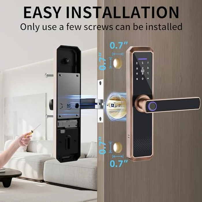 Smart Lock,Keyless Entry Door Lock with Two-Way Handle, Fingerprint Door Lock, WiFi Electronic Digital Door Lock with Keypad, Free APP, Auto Lock, Password, IC Card for Home Office Apartment (Copper) by OVQ - Image 3