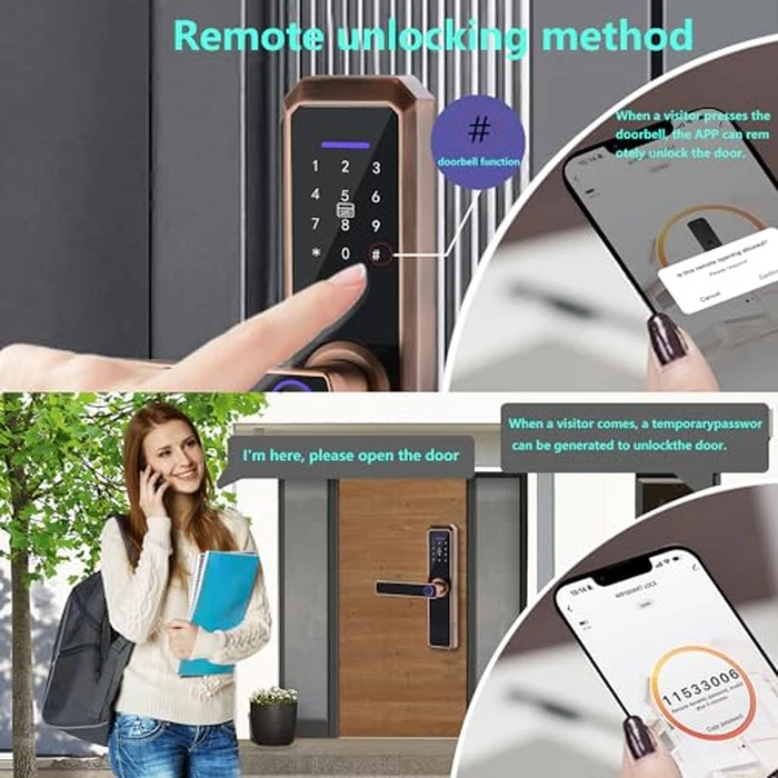 Smart Lock,Keyless Entry Door Lock with Two-Way Handle, Fingerprint Door Lock, WiFi Electronic Digital Door Lock with Keypad, Free APP, Auto Lock, Password, IC Card for Home Office Apartment (Copper) by OVQ - Image 4