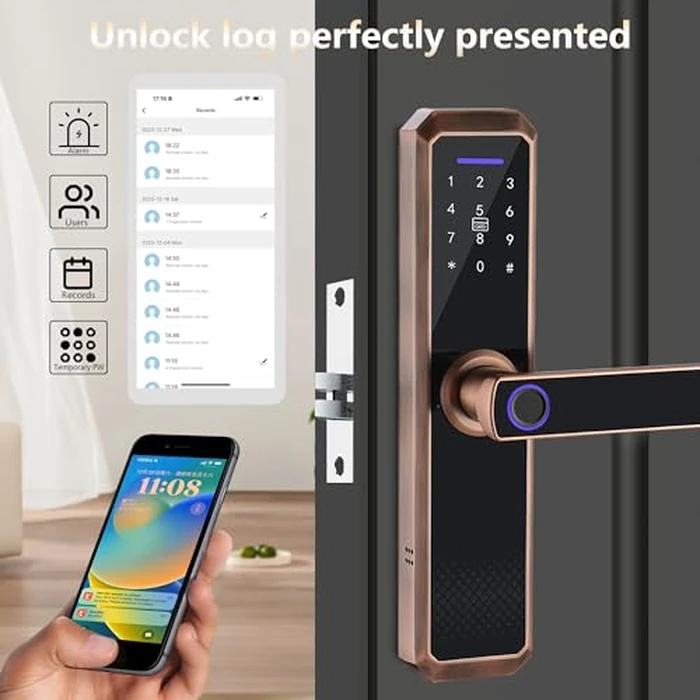 Smart Lock,Keyless Entry Door Lock with Two-Way Handle, Fingerprint Door Lock, WiFi Electronic Digital Door Lock with Keypad, Free APP, Auto Lock, Password, IC Card for Home Office Apartment (Copper) by OVQ - Image 6