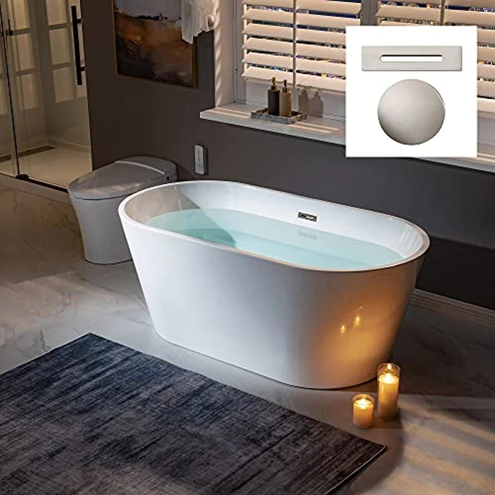 WOODBRIDGE 59" Acrylic Freestanding Bathtub Contemporary Soaking White Tub with Brushed Nickel Overflow and Drain,B0014 -B/N-Drain &O by WOODBRIDGE - Image 2