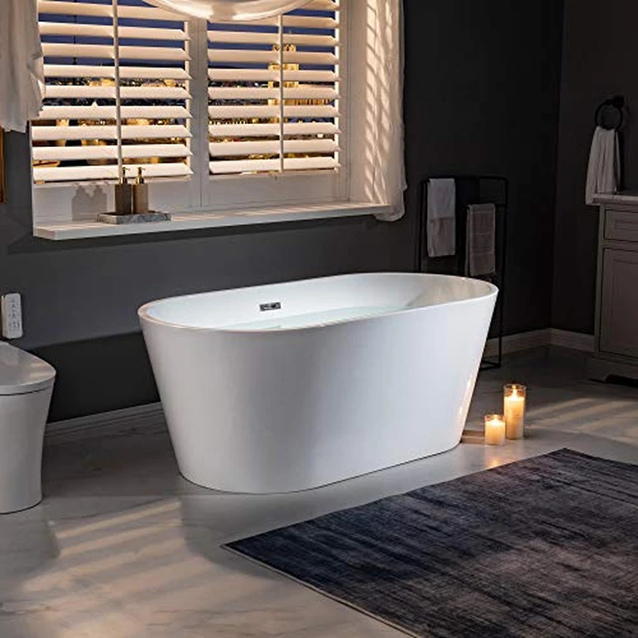 WOODBRIDGE 59" Acrylic Freestanding Bathtub Contemporary Soaking White Tub with Brushed Nickel Overflow and Drain,B0014 -B/N-Drain &O by WOODBRIDGE - Image 3