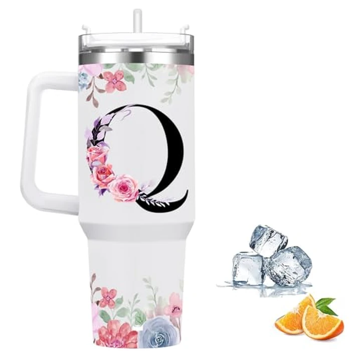 FOLAI Insulated Travel Coffee Mugs, 40oz Steel Water Bottl,Tumbler with Handle and Lid Straw,Thermal Cups for Hot and Cold Drinks Printed with Letters Personalized Unique Gifts for Women and Man(Q) by FOLAI - Used - Like New condition