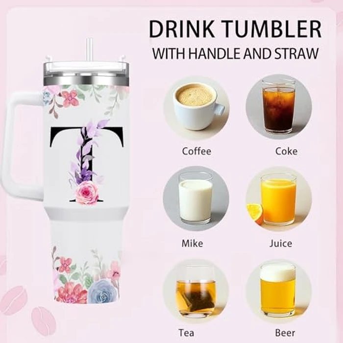 FOLAI Insulated Travel Coffee Mugs, 40oz Steel Water Bottl,Tumbler with Handle and Lid Straw,Thermal Cups for Hot and Cold Drinks Printed with Letters Personalized Unique Gifts for Women and Man(Q) by FOLAI - Image 2