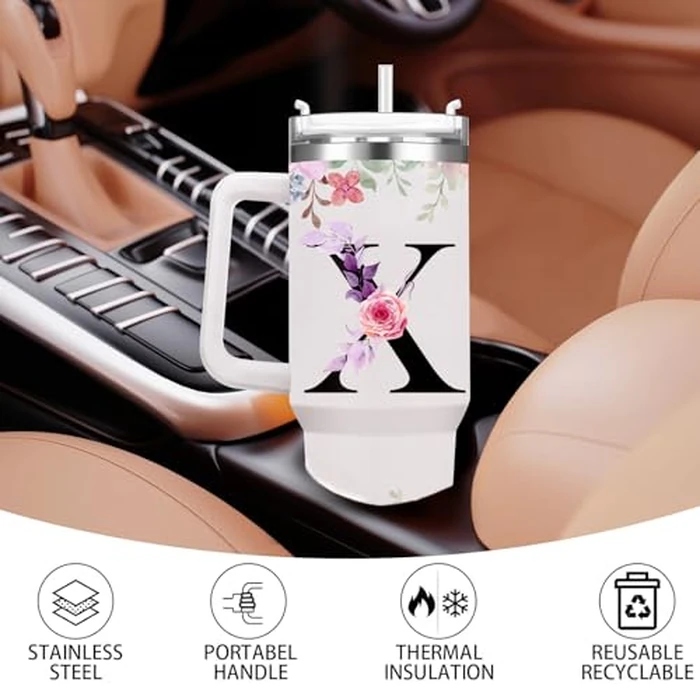 FOLAI Insulated Travel Coffee Mugs, 40oz Steel Water Bottl,Tumbler with Handle and Lid Straw,Thermal Cups for Hot and Cold Drinks Printed with Letters Personalized Unique Gifts for Women and Man(Q) by FOLAI - Image 3