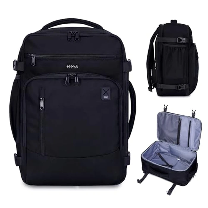 ECOHUB 17" Small Travel Backpack, United Airlines Personal Item Bag 17x10x9 with 16 Pockets, Water Resistant Rucksacks Fit 15.6" Laptop, AirTag Pocket, Lightweight Casual Daypack, 25L, Black by ECOHUB - Used - Like New condition - US$30.88