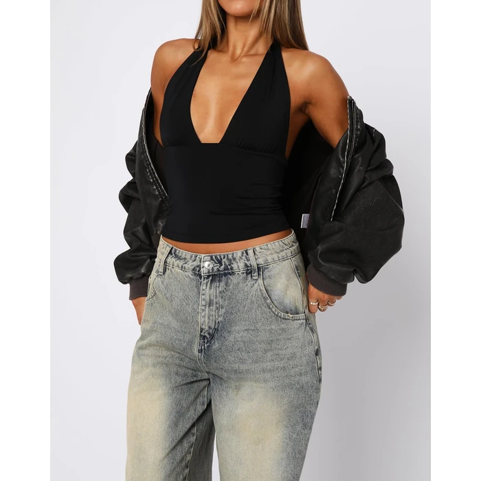 ForeFair Women Sexy Halter Deep V Neck Backless Crop Tank Top Open Back Sleeveless Slim Fit Y2k Summer Tops(Black,S) by ForeFair - Image 4