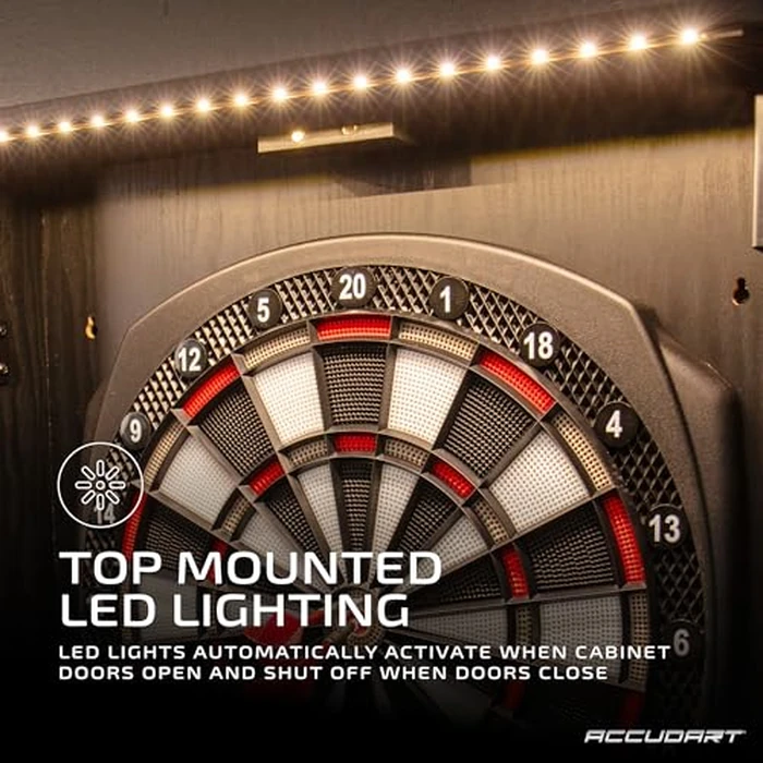 Accudart NOVA Electronic Dartboard with Cabinet - 35 Games, 580 Variations, Dual LED Scoring, Auto LED Cabinet Lighting, Virtual Opponent, AC/Battery Power - Includes Soft Tip Darts by Accudart - Image 5