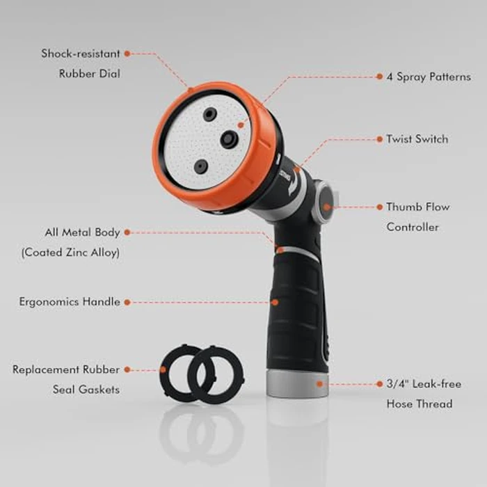 RESTMO Hose Nozzle and Lawn Sprinkler 2-in-1, Heavy Duty Garden Water Sprayer with 4 Patterns, High Pressure, Twist Control, Thumb Control, Great for Outdoor Irrigation, Watering and Washing, Orange by Restmo - Image 8