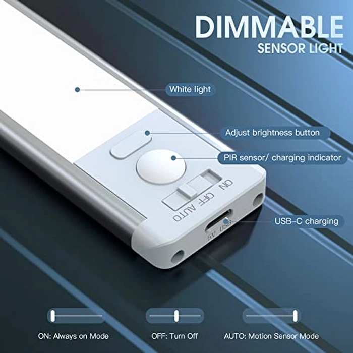 MCGOR 10inch Under Cabinet Lighting, 2 Pack Rechargeable Motion Sensor Light Indoor, 5 Levels Dimmable Magnetic Closet Lights, Wireless Under Counter Lights for Kitchen, Stairs by MCGOR - Image 3