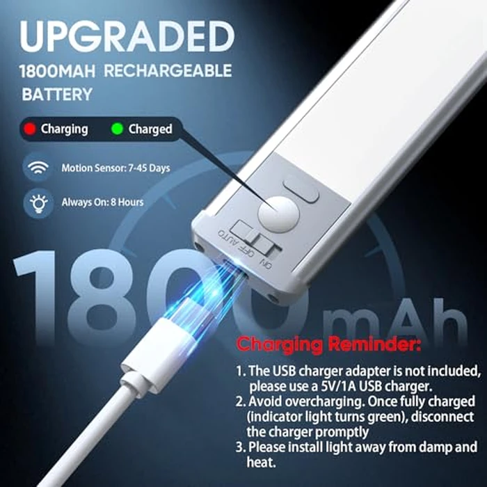MCGOR 10inch Under Cabinet Lighting, 2 Pack Rechargeable Motion Sensor Light Indoor, 5 Levels Dimmable Magnetic Closet Lights, Wireless Under Counter Lights for Kitchen, Stairs by MCGOR - Image 5