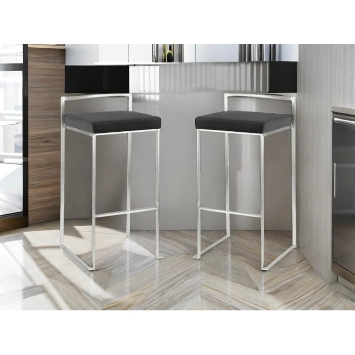 PLATA DECOR IMPORT Salem Modern Square Chrome Stainless Steel Counter Stools - Set of 2 | Black Vegan Leather Upholstered Seat | Sleek Bar Chairs Footrest | Dining Furniture for Kitchen or Home Bar by PLATA DECOR IMPORT - Used - Acceptable condition - CA$128.31