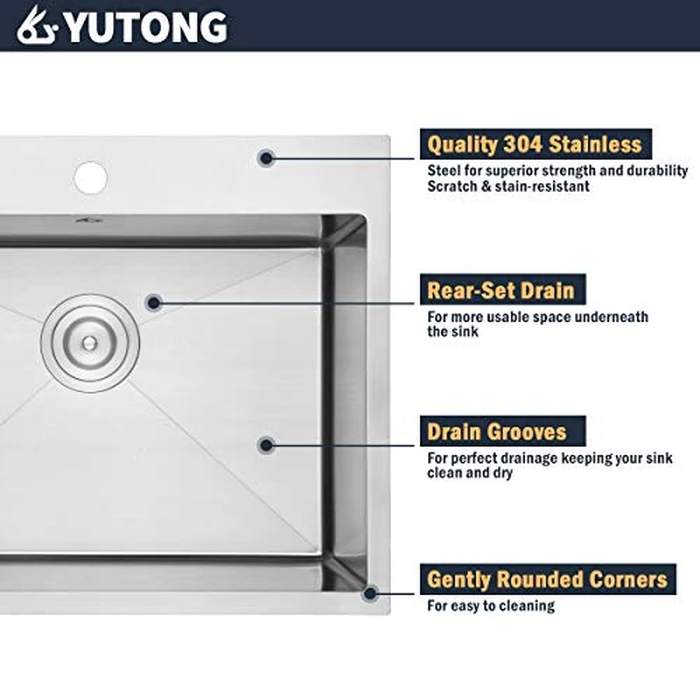 Yutong Top-Mount/Drop in Stainless Steel Kitchen Sink (30" x 20" x 9", Gold) by N//B - Image 5
