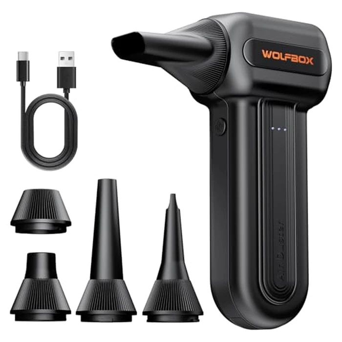 WOLFBOX MF60 Compressed Air Duster-110000RPM Super Power Electric Air Duster, 3-Speed Adjustable Rechargeable Cordless Air Blower with Fast Charging for PC Keyboard Cleaning, Car, Home, 5 Nozzle by WOLFBOX - Used - Very Good condition - US$30.09