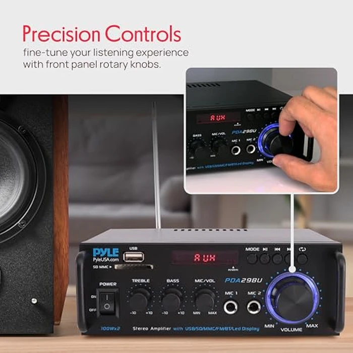 Pyle Stereo Amplifier - 200W Dual Channel Stereo Receiver w/RCA, USB, SD, MIC in, FM Radio Great for Home Speakers, Theater, Entertainment & Studio Use by Pyle - Image 5