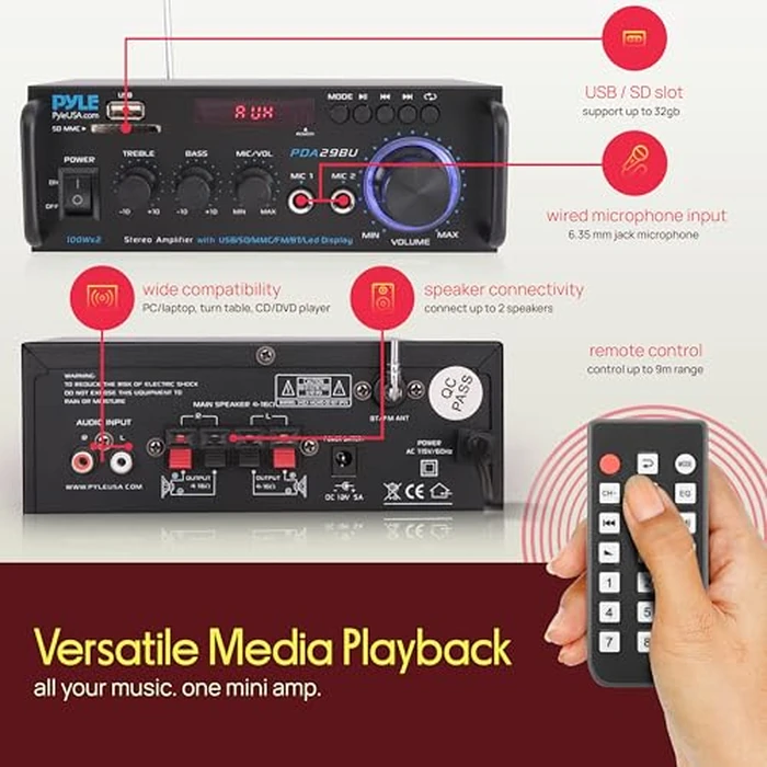 Pyle Stereo Amplifier - 200W Dual Channel Stereo Receiver w/RCA, USB, SD, MIC in, FM Radio Great for Home Speakers, Theater, Entertainment & Studio Use by Pyle - Image 6