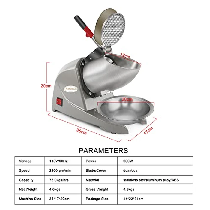 KOFOHON Ice Crusher Machine,Electric Ice Shaver Halo Halo for Home&Commercial,Shaved Ice Machine with Dual Steel Blades&Double Covers, 80kgs/hrs,300W/1440rpm,Silver Upgraded. by KOFOHON - Image 2