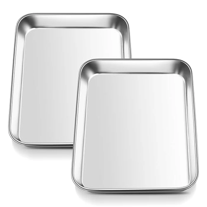 E-far 2 Packs Toaster Oven Trays, 9.4”x7.3” Stainless Steel Small Baking Cookie Sheets, Mini Non-toxic Metal Baking Pans for Cake, Healthy & Rust Free, Mirror Finish & Dishwasher Safe by E-far - Used - Acceptable condition - CA$14.69
