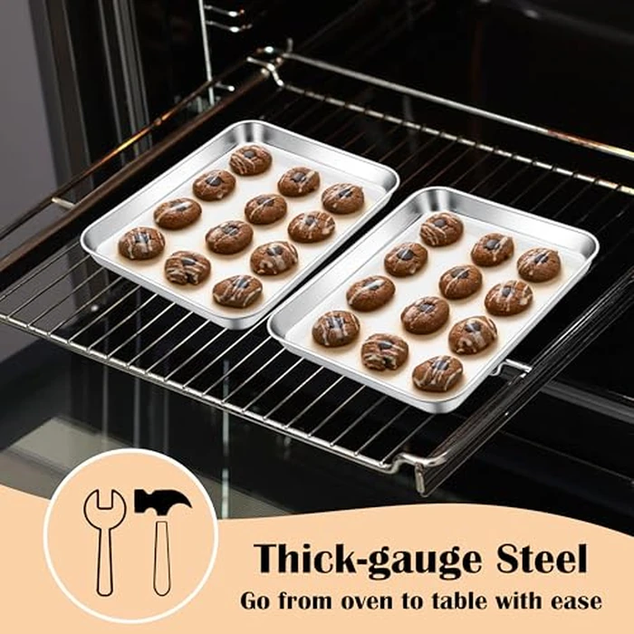 E-far 2 Packs Toaster Oven Trays, 9.4”x7.3” Stainless Steel Small Baking Cookie Sheets, Mini Non-toxic Metal Baking Pans for Cake, Healthy & Rust Free, Mirror Finish & Dishwasher Safe by E-far - Image 3