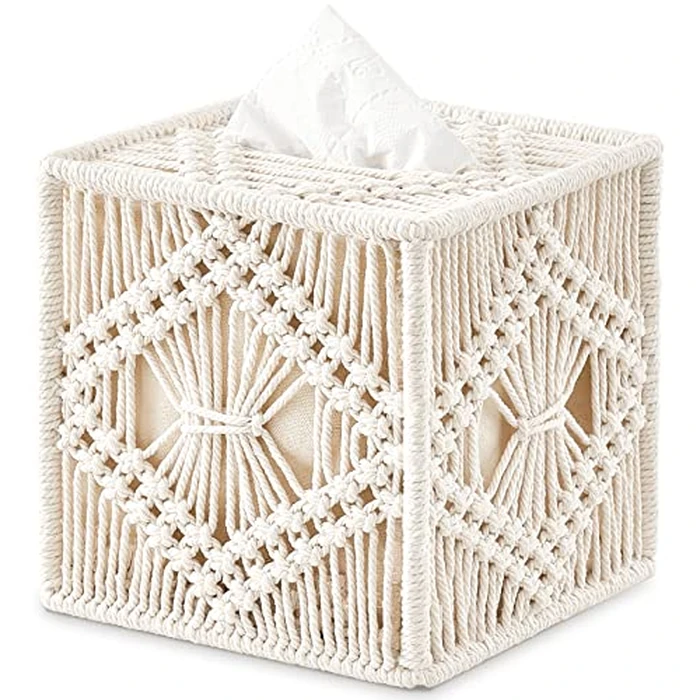 Mkono Tissue Box Cover Macrame Square Open-Bottom Tissue Box Holder Boho Decor Tissue Organizer Bohemian Handmade Woven Tissue Cube Box for Bathroom Bedroom Dresser Living Room Office Dorm, Ivory by Mkono - Used - Very Good condition - CA$21.82