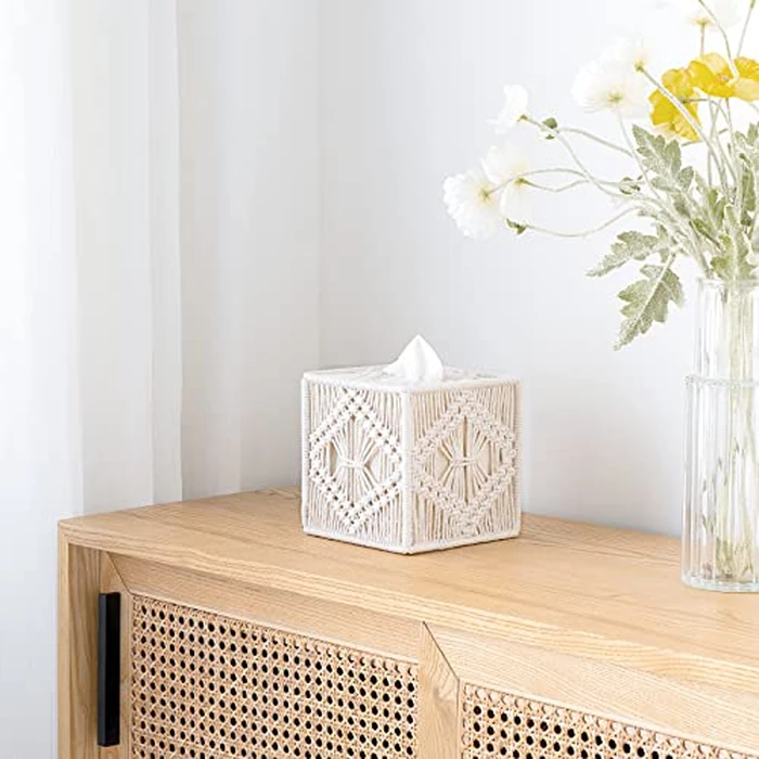 Mkono Tissue Box Cover Macrame Square Open-Bottom Tissue Box Holder Boho Decor Tissue Organizer Bohemian Handmade Woven Tissue Cube Box for Bathroom Bedroom Dresser Living Room Office Dorm, Ivory by Mkono - Image 2