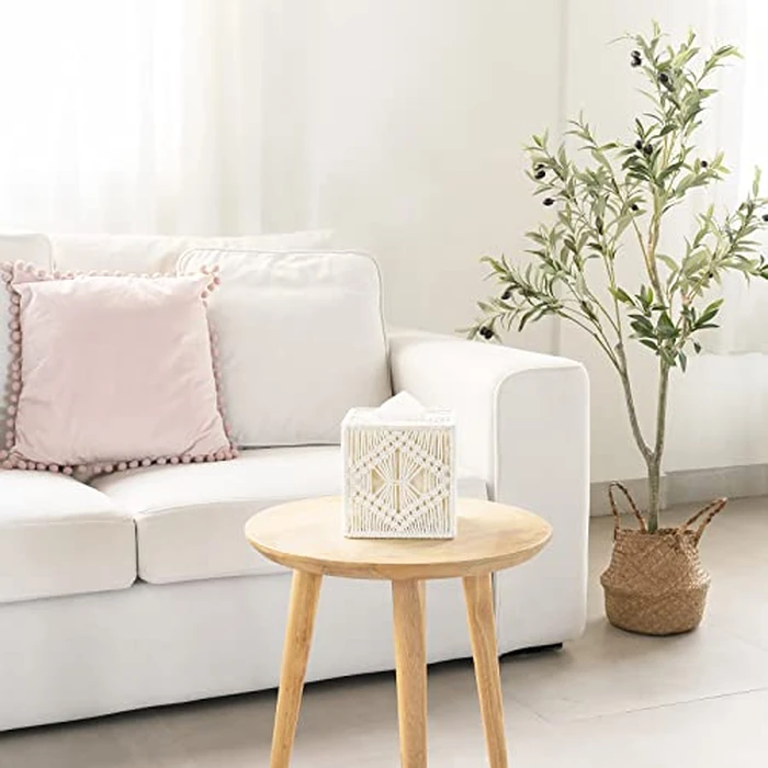 Mkono Tissue Box Cover Macrame Square Open-Bottom Tissue Box Holder Boho Decor Tissue Organizer Bohemian Handmade Woven Tissue Cube Box for Bathroom Bedroom Dresser Living Room Office Dorm, Ivory by Mkono - Image 3