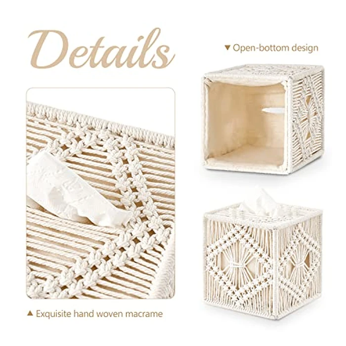 Mkono Tissue Box Cover Macrame Square Open-Bottom Tissue Box Holder Boho Decor Tissue Organizer Bohemian Handmade Woven Tissue Cube Box for Bathroom Bedroom Dresser Living Room Office Dorm, Ivory by Mkono - Image 4